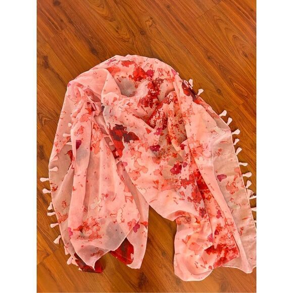 Peter Som pink floral scarf wrap with tassels cover-up - Picture 1 of 4